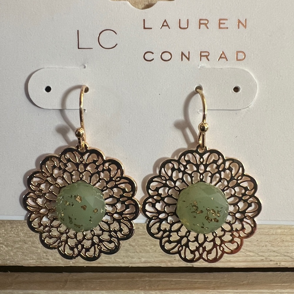 LC Lauren Conrad Flower Green/Gold Tone Earrings